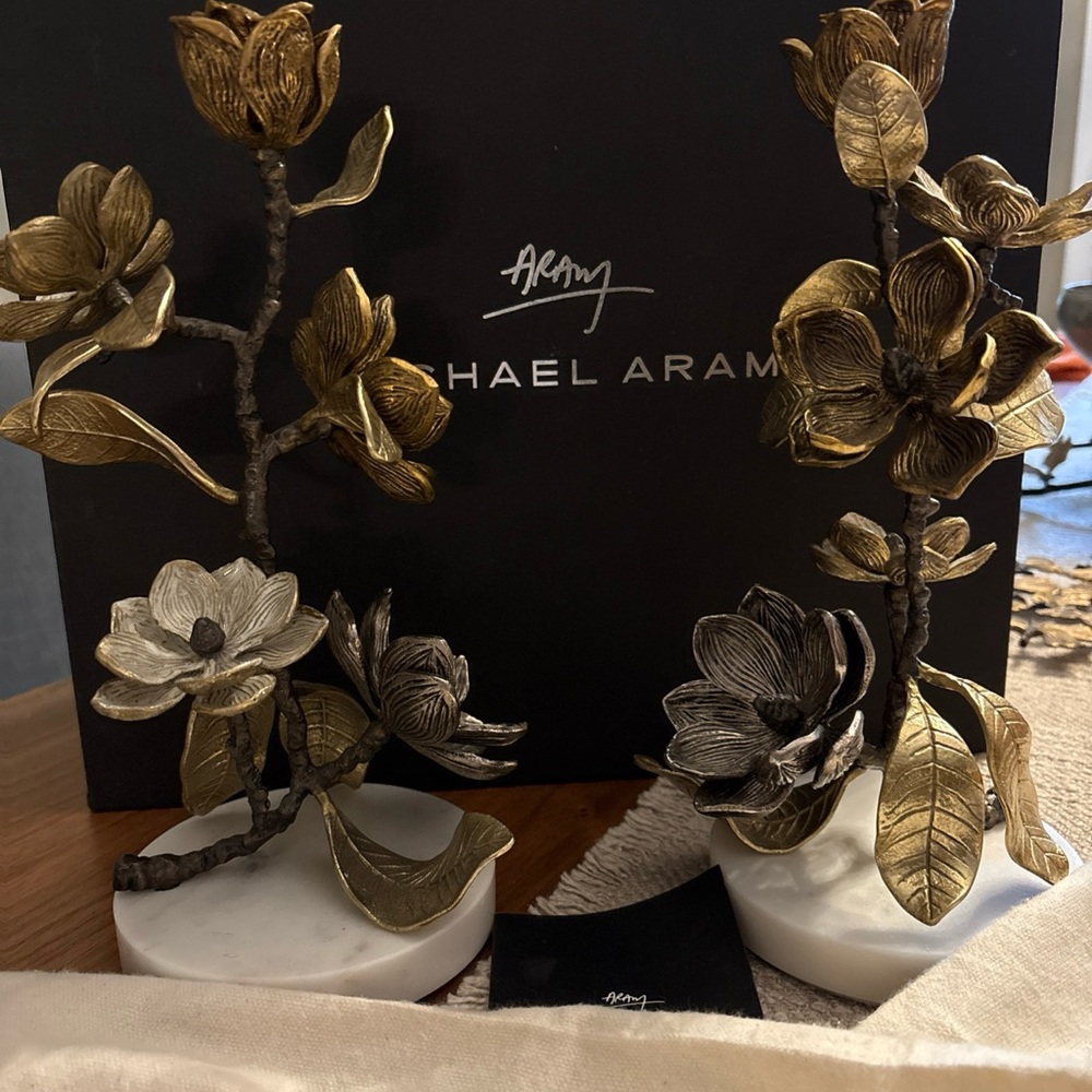 Micheal Aram Gold and Silver Floral Candle Holder Pair NIB